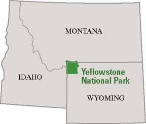 map of Idaho, Montana, and Wyoming showing Yellowstone in the middle