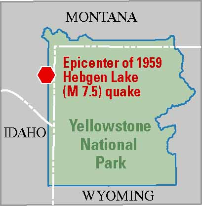 map of  Yellowstone showing epicenter in northwest just outside the park on the Montana side