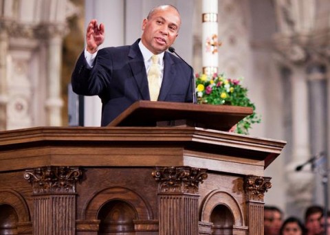Massachusetts Gov. Deval L. Patrick speaking from the pulpit of Boston's Cathedral of the Holy Cross. (Courtesy)
