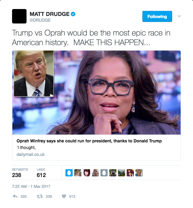 drudge-tweet-oprah1 Will There Be a Trump vs. Oprah 2020 Presidential Race? Election  