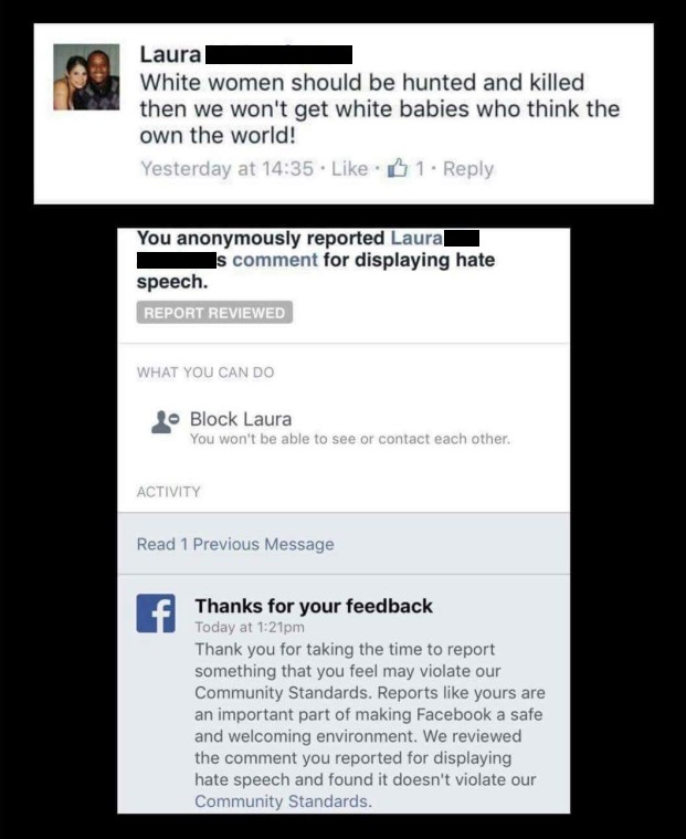 huntandkill ‘Hunt & Kill All White Women’ Facebook Post Deemed Not Hate Speech Social Media  