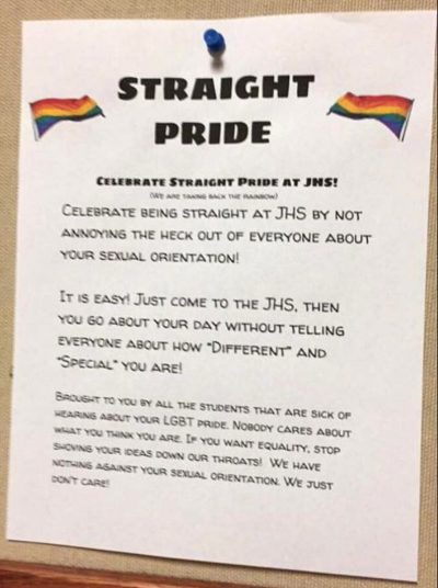 straightpride School administrators don't have much tolerance for student's 'straight pride' posters LGBT  